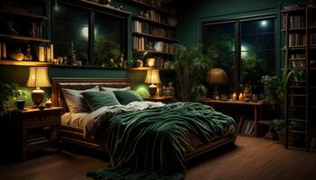 accogliente Camera da letto con moderno eleganza, illuminato di elettrico lampada generato di ai foto