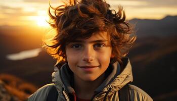 sorridente ragazzo, godendo natura bellezza, guardare a telecamera, spensierato generato di ai foto