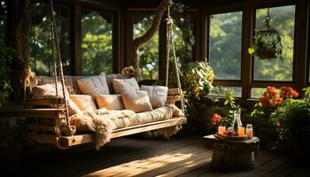 confortevole moderno vivente camera con legna mobilia e natura Visualizza generato di ai foto