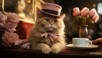 carino domestico gatto seduta su tavolo, guardare a fiore generato di ai foto