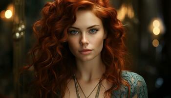 un' bellissimo testa Rossa donna con lungo Riccio capelli e fiducia generato di ai foto