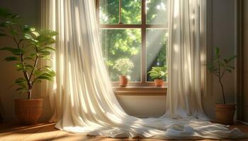 confortevole moderno Camera da letto con luminosa luce del sole, verde impianti, e elegante arredamento generato di ai foto