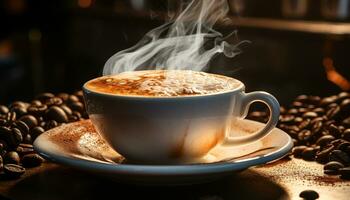 fresco cappuccino su di legno tavolo, vapore crescente a partire dal caldo bevanda generato di ai foto