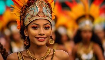 sorridente giovane donne nel tradizionale capi di abbigliamento samba danza a brasiliano carnevale generato di ai foto