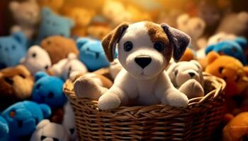 carino cane seduta con giocattolo, soffice pelliccia, di razza, giocoso cucciolo generato di ai foto
