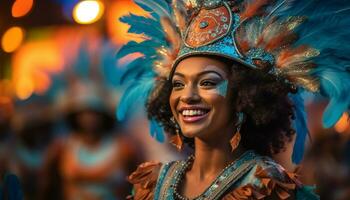sorridente donne danza samba, festeggiare brasiliano cultura con tradizionale capi di abbigliamento generato di ai foto