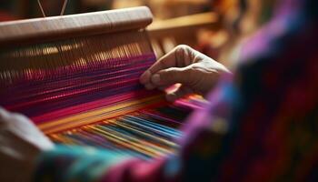 donne Lavorando su un' fatti in casa telaio, tessitura Multi colorato tessile generato di ai foto