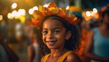 sorridente africano ragazza, all'aperto, godendo festivo celebrazione con famiglia e amici generato di ai foto