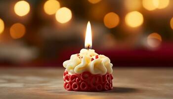 raggiante candela si illumina buio celebrazione, dolce dolce su legna tavolo generato di ai foto