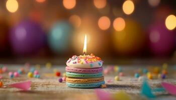 compleanno celebrazione con un' Multi colorato dolce, cioccolato candela, e decorazioni generato di ai foto