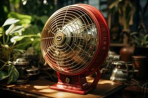 un' immagine di moderno elettrico fan su tavolo nel camera, avvicinamento. estate calore vecchio fan stile generativo ai foto