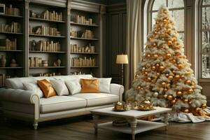 elegante interno di vivente camera con decorato Natale albero, lusso vivente camera nuovo anno foto