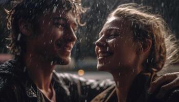 giovane coppia Abbracciare una persona nel il piovere, godendo bagnato solidarieta generato di ai foto
