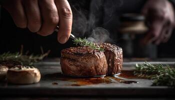 mano grigliato filetto bistecca, cucinato raro con rustico erba stagionatura generato di ai foto