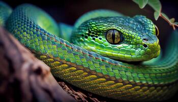 verde vipera serpente macro ritratto nel foresta generato di ai foto