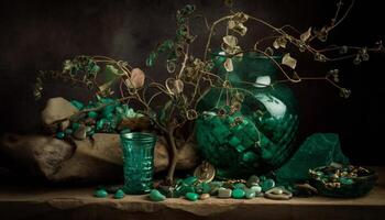 un antico vaso decora il ornato tavolo generato di ai foto