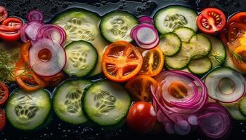 fresco estate insalata con affettato pomodoro e cetriolo generato di ai foto