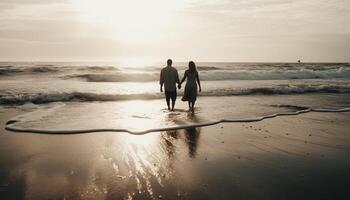 eterosessuale coppia a piedi su spiaggia a tramonto generato di ai foto