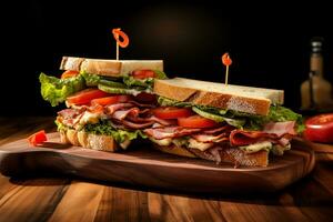 un' Sandwich con prosciutto su un' di legno taglio tavola. ai generativo foto