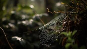 goccia di rugiada luccica su ragno ragnatela nel autunno foresta generato di ai foto