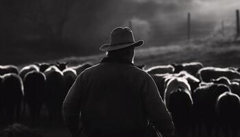 cowboy pastorizia bestiame attraverso tranquillo autunno prato generato di ai foto