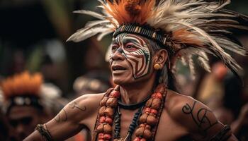 sorridente giovane adulto nel tradizionale indigeno capi di abbigliamento generato di ai foto