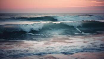 tranquillo tramonto al di sopra di blu paesaggio marino, onde rottura su costa generato di ai foto