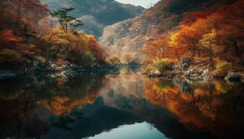 vivace autunno colori riflettere su tranquillo stagno generato di ai foto