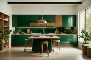 minimalista moderno cucina, legna bianca quercia controsoffitti. ai generativo foto