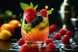 un' avvicinamento rivista qualità tiro di un' lussuoso frutta cocktail. ai generativo foto