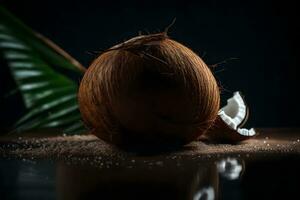 il telecamera è in movimento più vicino per un' Noce di cocco nel un' studio con un' buio sfondo ai generato foto