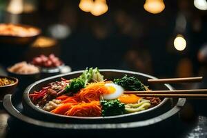 il telecamera è ottenere più vicino per mostrare un' delizioso e popolare coreano piatto chiamato bibimbap A volte, esso può essere difficile per comprendere cose e determinare il motivi dietro a loro ai generato foto