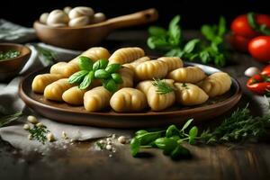 un' pezzo di delizioso italiano Gnocchi è posto su un vecchio cucina contatore, con fresco erbe aromatiche tutti in giro esso ai generato foto