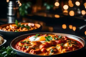 il telecamera zooma nel su Shakshuka, con un' bella ristorante nel il sfondo ai generato foto