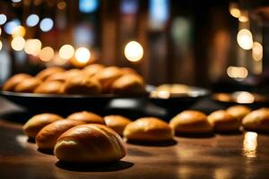 il telecamera si concentra su pirozhki e Spettacoli un' bellissimo ristorante dietro a loro ai generato foto