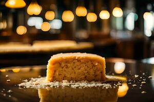 Ingrandisci nel su semolino Halva, con un' bello ristorante nel il sfondo ai generato foto