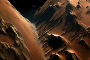 il ruvido e collinoso terreno con in profondità valli nel valles marineris su Marte apparire molto bellissimo quando visto a partire dal esterno spazio ai generato foto