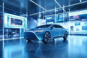 elettronico veicolo ricarica stazione controllo fermare Fare rifornimento punto, mano urgente di partenza caricare energia pulsante, elettrico energia ev auto futuristico eco ambientale amichevole energia, blu generativo ai foto