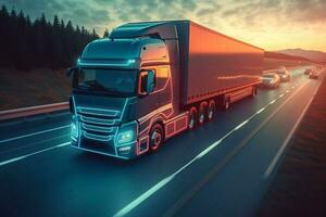 europeo camion veicolo su autostrada con drammatico tramonto luce. carico mezzi di trasporto e fornitura tema. generativo ai foto