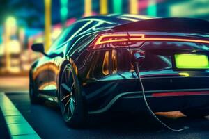 avvicinamento moderno ev auto ricarica batteria a partire dal ev ricarica macchina su nero colore sfondo, ev auto siamo un' popolare nuovo innovazione e emissioni zero veicolo, verde energia per inteligente vita, generativo ai foto