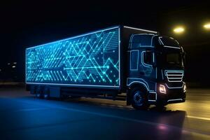 futuristico camion con un' trailer è guida lungo un' notte strada. 3d interpretazione generativo ai foto