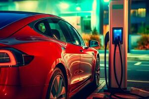 energia cavo pompa spina nel ricarica energia per elettrico veicolo ev auto con moderno tecnologia ui controllo informazione Schermo, auto fare il pieno stazione collegato energia cavo alternativa generativo ai foto