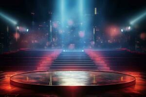 palcoscenico con rosso tappeto e faretti palcoscenico sfondo faretti illuminare il palcoscenico illuminazione attrezzatura palcoscenico riflettore sfondo generativo ai foto