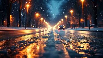 un' immagine di notte città strada con traffico luci e caduta neve, inverno paesaggio. generativo ai foto