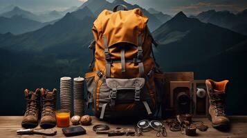 campeggio attrezzatura su il sfondo di montagne. zaino, il trekking scarpe, termos, caffè tazza e borraccia. generativo ai foto