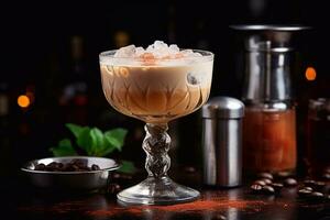 un' avvicinamento di caffè cocktail con crema e zucchero su un' bar contatore o elettronico narghilè gusto forma generativo ai foto