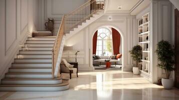 un' immagine di lusso interno design di vivente camera con scale. 3d interpretazione generativo ai foto