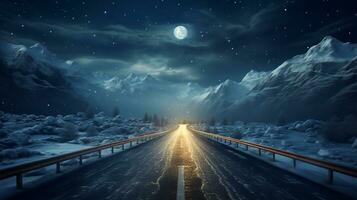 un' Immagine di asfalto strada attraverso il nevoso montagne a notte. 3d interpretazione generativo ai foto