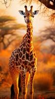 un' maestoso giraffa in piedi alto contro il fondale di il africano savana, ai generativo foto