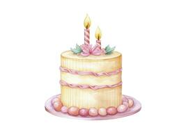 ai generato bellissimo grazioso acquerello compleanno torta con ardente candele, rendere un' desiderio per il tuo vacanza, isolato su bianca sfondo. foto
